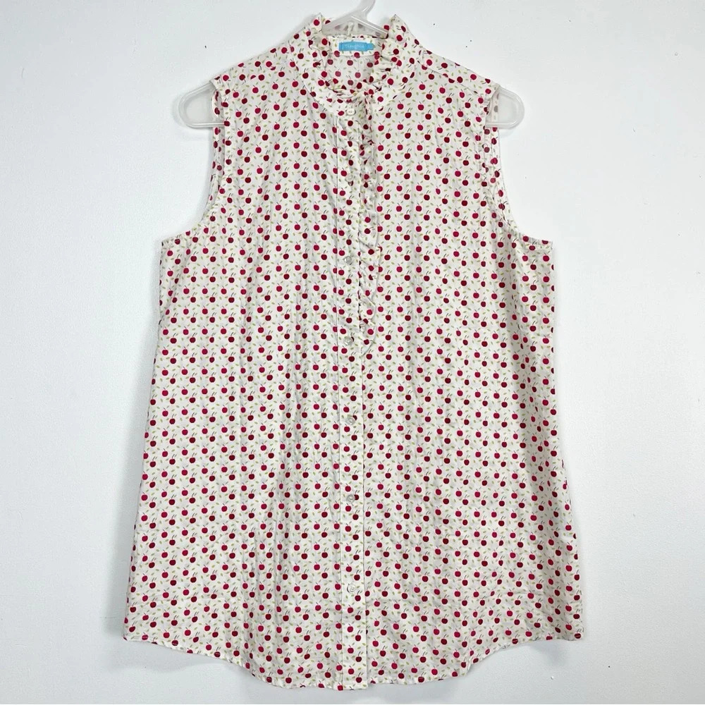 J Mclaughlin Button Down Shirt Womens Large White Red Apple Print Ruffle